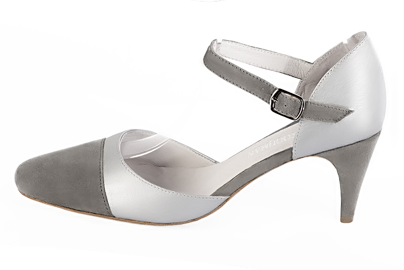 Dove grey and light silver women's open side shoes, with an instep strap. Round toe. High slim heel. Profile view - Florence KOOIJMAN